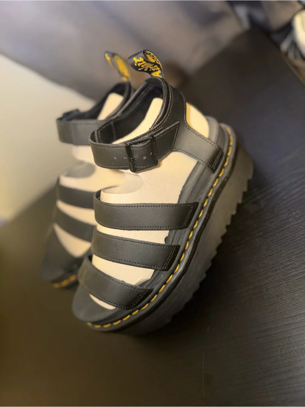Doc Martens Black Extra Platform Gladiator Sandals with Yellow Stitching